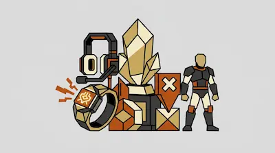 A collection of geometric icons including a headset, a crystal trophy, a glowing ring, and an armored character.