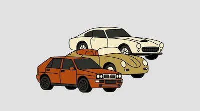 An orange hatchback, a tan convertible, and a cream coupe are stacked diagonally.