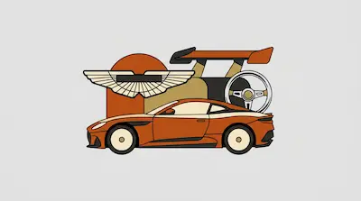 A stylized orange sports car sits in front of a steering wheel, a large spoiler, and a winged logo.