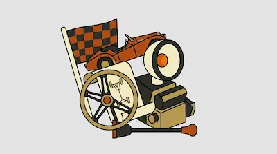 A collection of vintage car-related items including a checkered flag, a small orange sports car, a steering wheel, and a headlight.