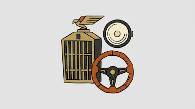 A vintage car radiator grille with a bird hood ornament, a round headlight, and a steering wheel.