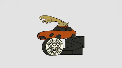 Flat illustration of a Jaguar sports car with a leaping golden jaguar figure, wheel, and dark shapes