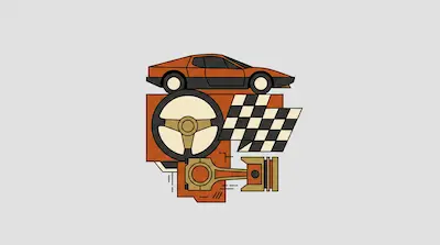 Flat illustration of an orange sports car, a steering wheel, and a checkered flag on a light gray background
