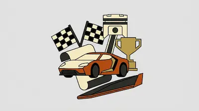An orange sports car surrounded by checkered flags, a trophy, and a piston.