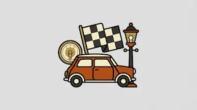 Flat illustration of an orange Mini Cooper with checkered flag, vintage lamp, and racing theme