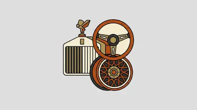 A car grille with a hood ornament, a steering wheel, and a wheel rim in a stylized graphic with gold and orange tones.