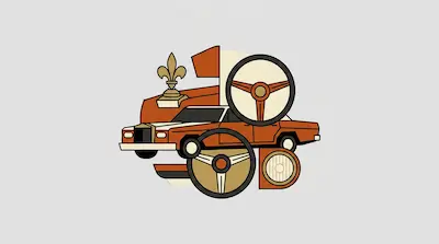 Flat illustration of an orange vintage car surrounded by steering wheels and a fleur-de-lis on a light gray background