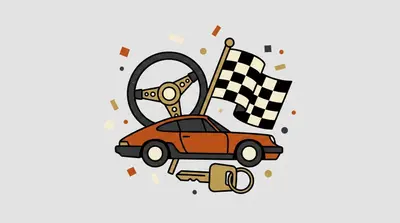 A low sports car, a steering wheel above it, a checkered flag on a pole, and a car key with a ring below.