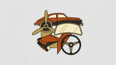 Flat illustration of a vintage car, a propeller, and a steering wheel in orange and tan tones on a gray background
