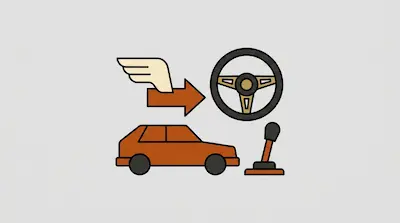 Flat illustration of an orange car, a steering wheel, a gear shift, and a winged arrow on a light gray background