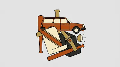 Flat illustration of an orange station wagon car, wooden baseball bats, and a seatbelt on a light gray background