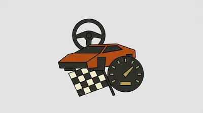 A steering wheel, an orange sports car, a checkered flag, and a speedometer.