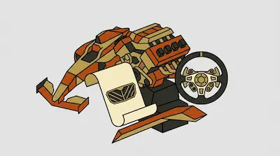 Stylized orange and tan racing components including a car nose, engine block, steering wheel, and a scroll.