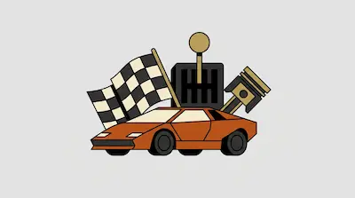 An orange sports car with a checkered flag, a manual gear shifter, and a piston behind it.