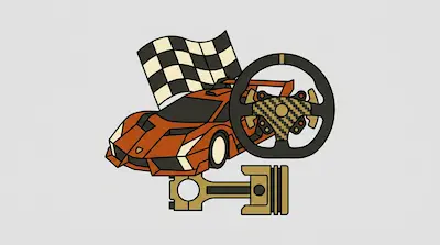 An orange sports car, a checkered flag, a racing steering wheel, and a piston.