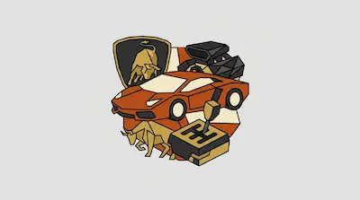 A stylized graphic featuring an orange sports car, a bull emblem, a manual gear shifter, and engine components.
