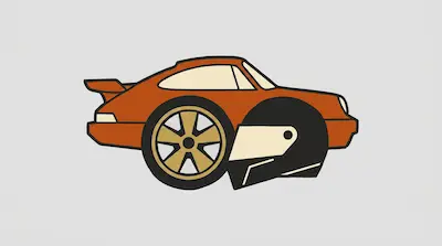 Flat illustration of a Porsche 911 with a gold wheel, geometric shapes, and layered design elements