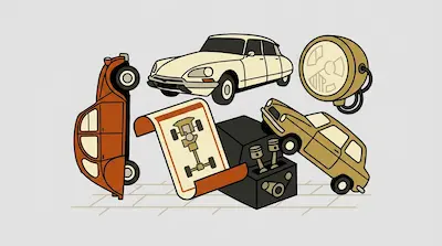 A collection of stylized car-related illustrations, including vintage vehicles, an engine block, a blueprint, and a large headlight.