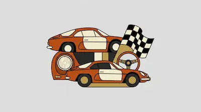 Two orange and cream vintage sports cars are arranged with a checkered flag, a steering wheel, and a headlight.