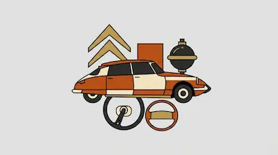 A graphic illustration of an orange and white Citroën DS car surrounded by a double chevron logo, a steering wheel, and a suspension sphere.