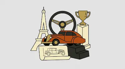 A vintage orange car is surrounded by the Eiffel Tower, a steering wheel, a trophy on a pedestal, and a car blueprint.