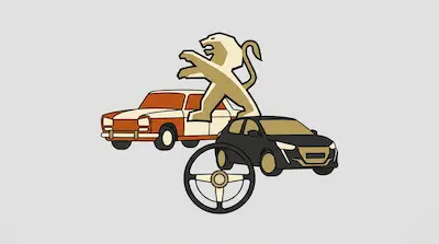 A stylized lion emblem stands behind a vintage orange car, a modern black car, and a steering wheel.