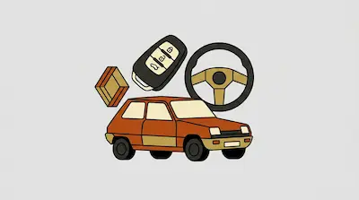 An orange hatchback car sits below a floating car key fob, steering wheel, and a small box.