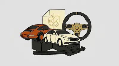 An orange vintage sports car and a white modern sedan are arranged with a steering wheel and a document featuring a geometric logo.