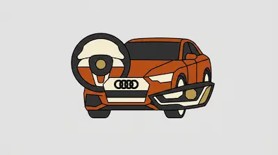 A stylized orange Audi car with a steering wheel and headlight detail overlapping the front.