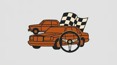 Two orange vintage cars layered with a checkered racing flag and a steering wheel.