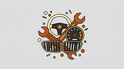 A steering wheel, two crossed wrenches, a round speedometer gauge, and a slatted car grille at the bottom.