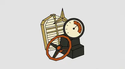 A collection of automotive components including a radiator, a three-pointed star emblem, a gauge, and a steering wheel.