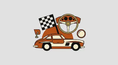 A stylized graphic of a vintage sports car, a checkered flag, and a steering wheel in orange, cream, and black.