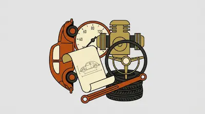 A collection of automotive illustrations including a vintage car, a speedometer, an engine, a steering wheel, tires, a wrench, and a blueprint.