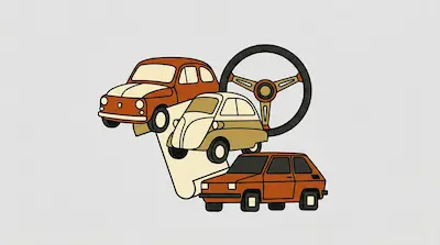 Flat illustration of three vintage compact cars and a steering wheel in warm orange and tan tones on a gray background