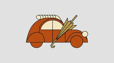 Flat illustration of a brown vintage car with a folded umbrella leaning against its side on a light gray background