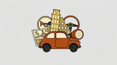 Flat illustration of a small orange car with the Leaning Tower of Pisa and a map on a light grey background