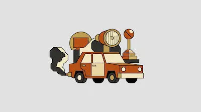 Flat illustration of an orange car with a large spotlight and joystick on top, emitting smoke on a gray background