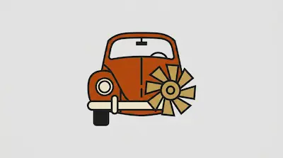 Flat illustration of an orange vintage car with a gold fan blade on its front bumper against a light gray background