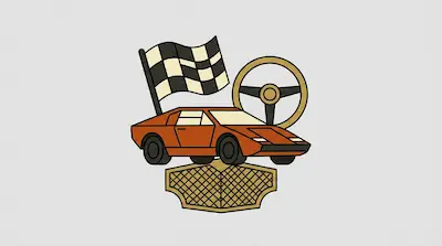 An orange sports car sits in front of a checkered flag and a steering wheel, all positioned above a gold patterned base.
