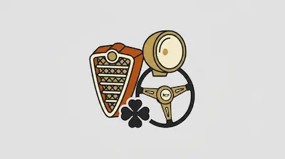 A stylized graphic of a car grille, a round headlight, a steering wheel, and a four-leaf clover.
