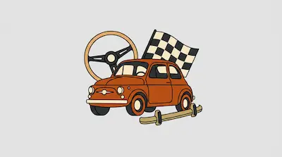 A small orange vintage car is surrounded by a steering wheel, a checkered flag, and a bumper.