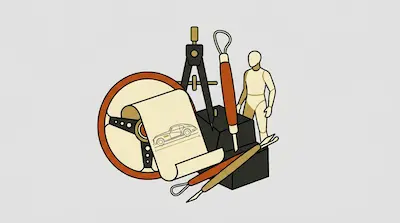 A collection of design and sculpting tools including a steering wheel, a car blueprint, a compass, and a wooden mannequin.