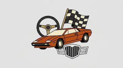 An orange sports car is surrounded by a steering wheel, a checkered racing flag, and a winged emblem.