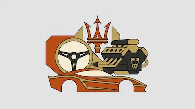 A Maserati trident logo, a steering wheel, a V8 engine, and a car profile are arranged in a stylized graphic design using orange, tan, and black.