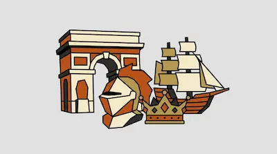 Flat illustration of the Arc de Triomphe, a knight's helmet, a crown, and a sailing ship on a light grey background