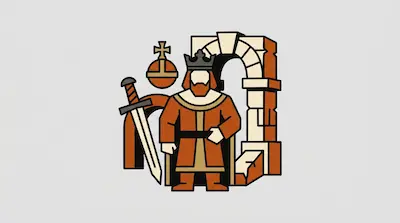Flat illustration of a king in a crown standing by a stone archway with a sword and a globus cruciger on a gray background