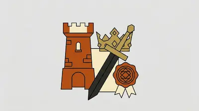 Flat illustration of a brown castle tower, a golden crown, a sword, and a wax seal on a light grey background