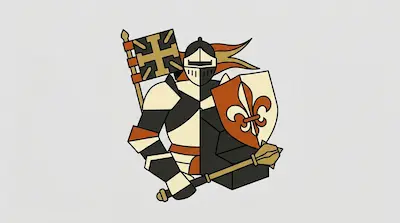 Flat illustration of a knight in armor holding a mace and a fleur-de-lis shield with a banner on a gray background