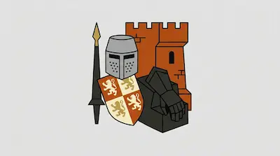 Flat illustration of a knight helmet, a lion crest shield, and a stone castle tower on a light gray background